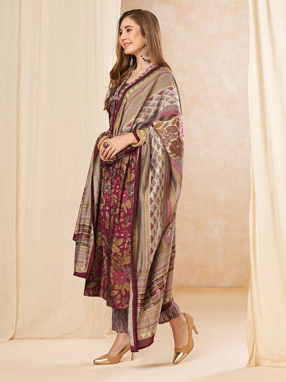 Floral Printed Mirror & Zari Embroidered Pleated kurta with Pants & Dupatta - Magenta