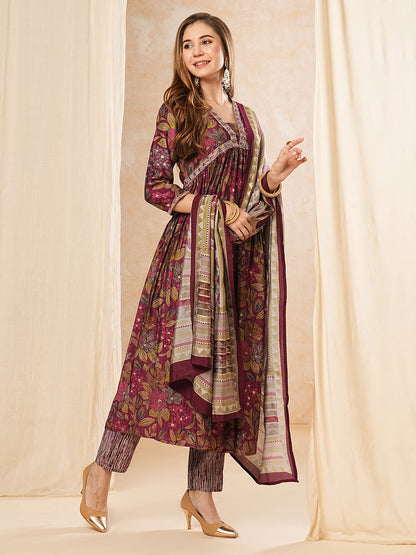 Floral Printed Mirror & Zari Embroidered Pleated kurta with Pants & Dupatta - Magenta