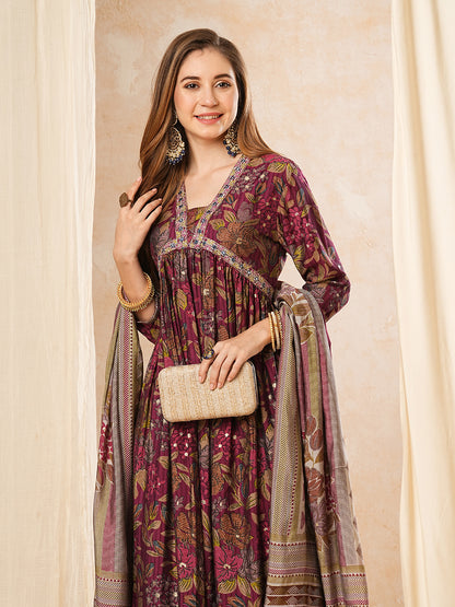 Floral Printed Mirror & Zari Embroidered Pleated kurta with Pants & Dupatta - Magenta