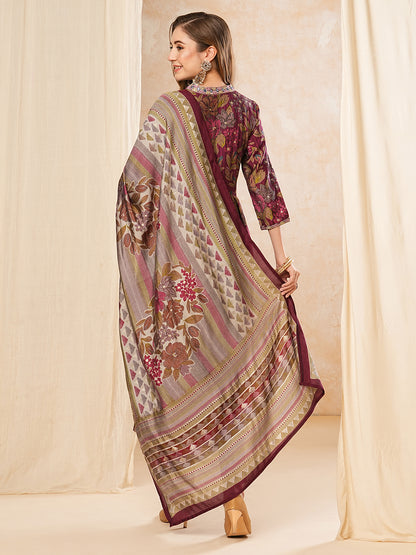 Floral Printed Mirror & Zari Embroidered Pleated kurta with Pants & Dupatta - Magenta