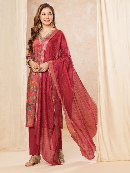 Floral Printed Zari & Sequins Embroidered Kurta with Pants & Dupatta - Multi & Magenta