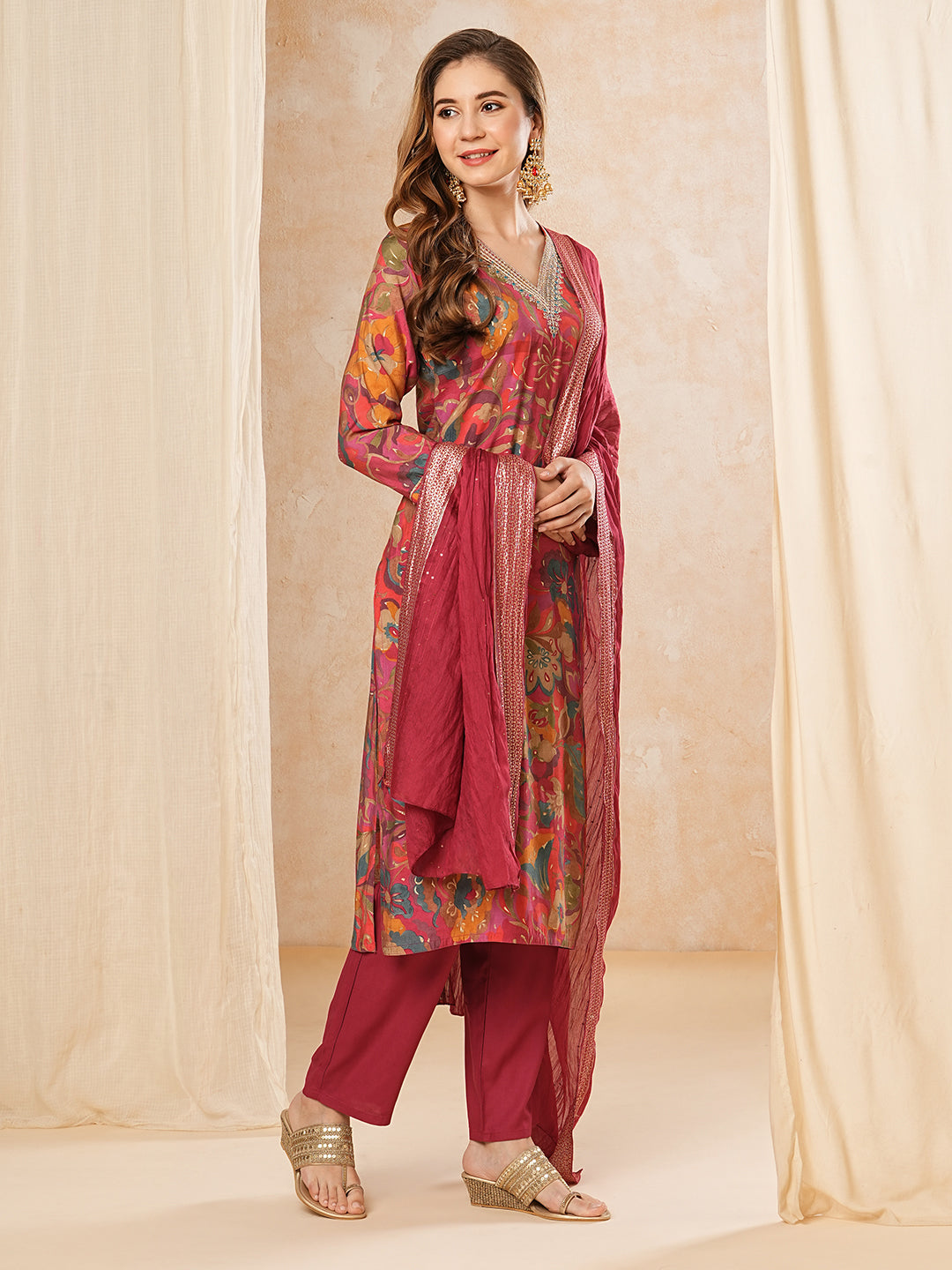 Floral Printed Zari & Sequins Embroidered Kurta with Pants & Dupatta - Multi & Magenta