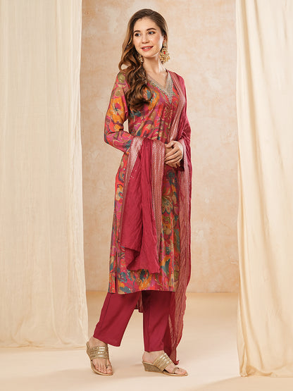 Floral Printed Zari & Sequins Embroidered Kurta with Pants & Dupatta - Multi & Magenta