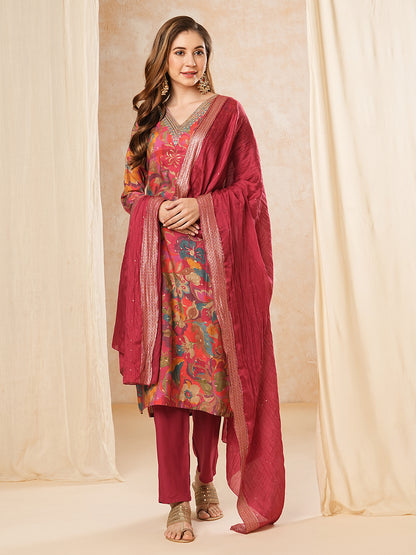 Floral Printed Zari & Sequins Embroidered Kurta with Pants & Dupatta - Multi & Magenta