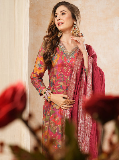 Floral Printed Zari & Sequins Embroidered Kurta with Pants & Dupatta - Multi & Magenta