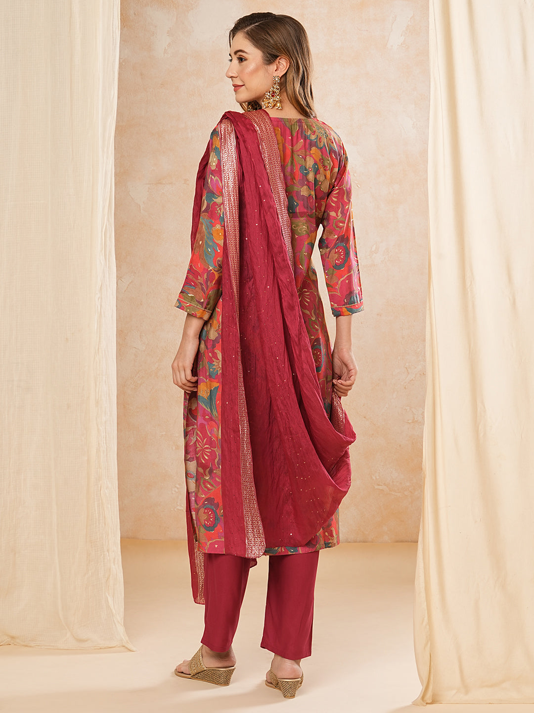 Floral Printed Zari & Sequins Embroidered Kurta with Pants & Dupatta - Multi & Magenta