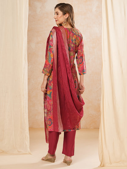 Floral Printed Zari & Sequins Embroidered Kurta with Pants & Dupatta - Multi & Magenta