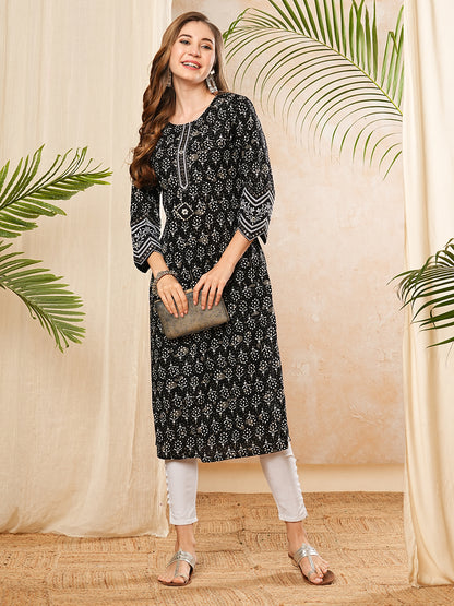 Ethnic Floral Printed & Embroidered Straight Fit Kurta - Black