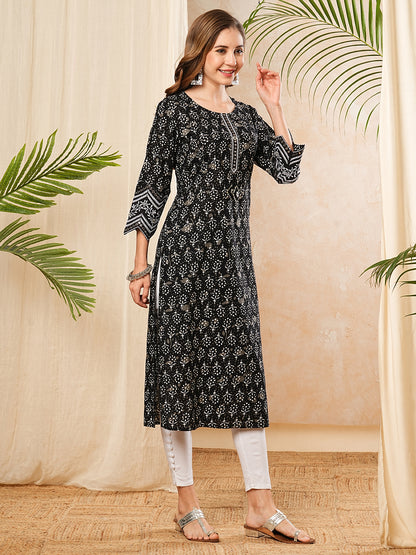 Ethnic Floral Printed & Embroidered Straight Fit Kurta - Black