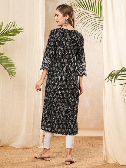 Ethnic Floral Printed & Embroidered Straight Fit Kurta - Black