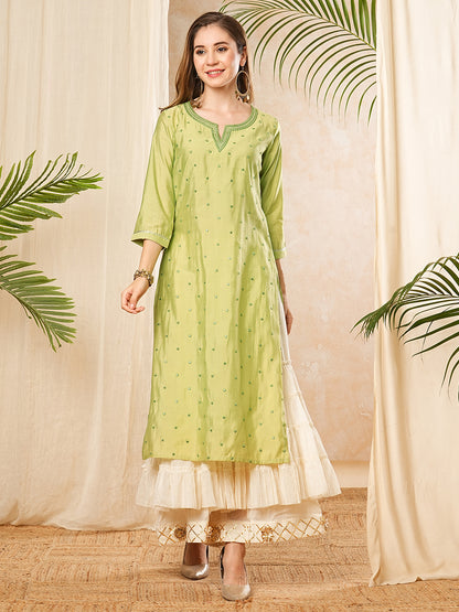 Solid Mirror Work Embroidered Straight Fit Kurta - Green