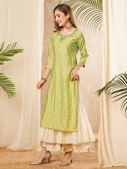 Solid Mirror Work Embroidered Straight Fit Kurta - Green