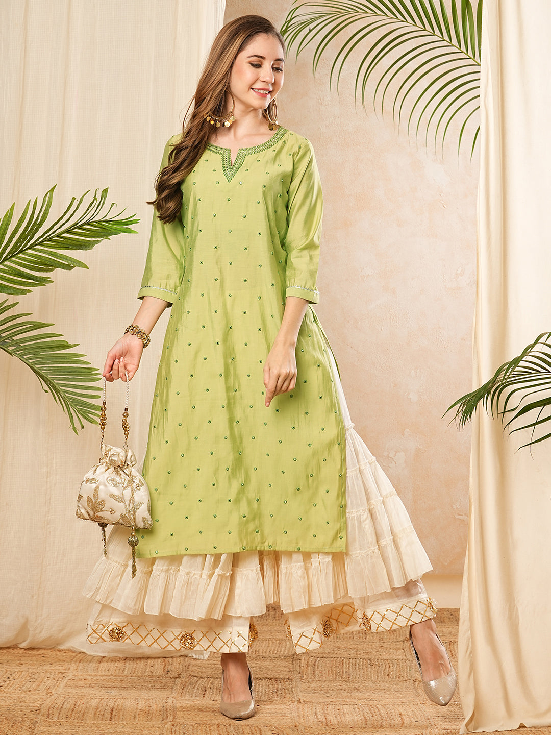 Solid Mirror Work Embroidered Straight Fit Kurta - Green