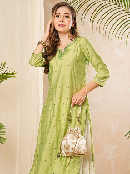 Solid Mirror Work Embroidered Straight Fit Kurta - Green