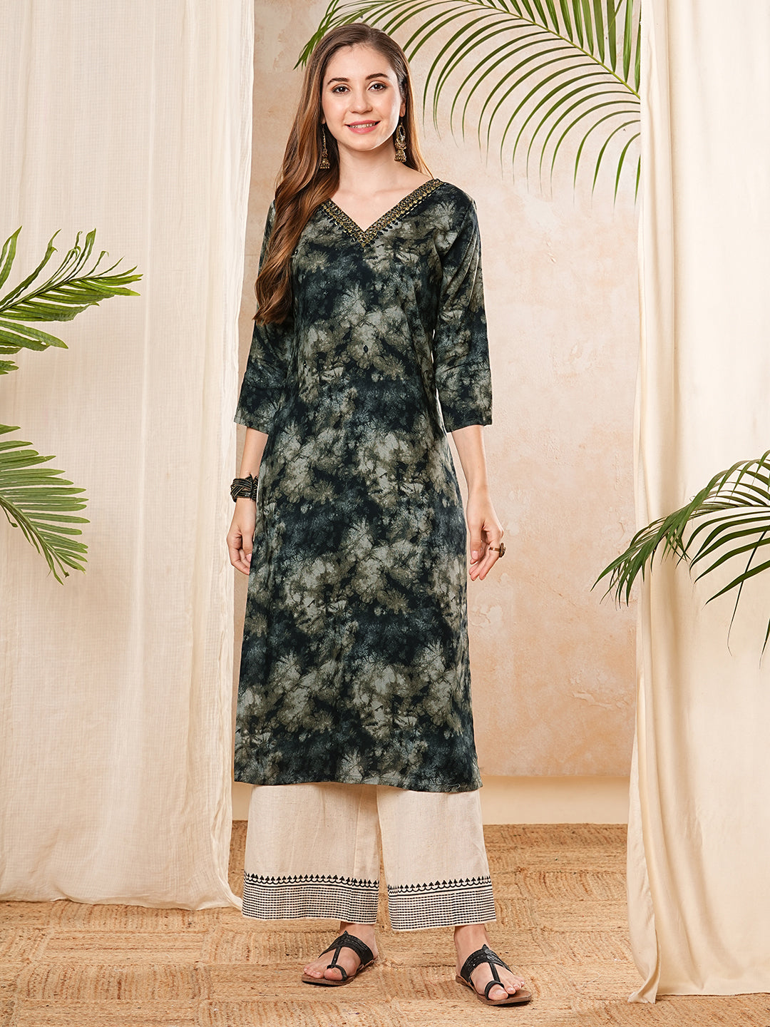 Abstract Tie - Dye Printed & Embroidered Straight Fit Kurta - Black