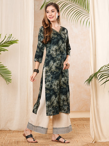 Abstract Tie - Dye Printed & Embroidered Straight Fit Kurta - Black