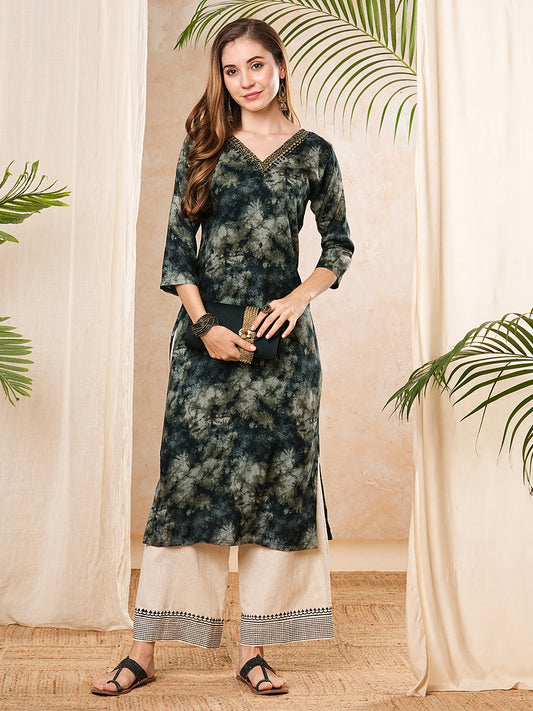 Abstract Tie - Dye Printed & Embroidered Straight Fit Kurta - Black