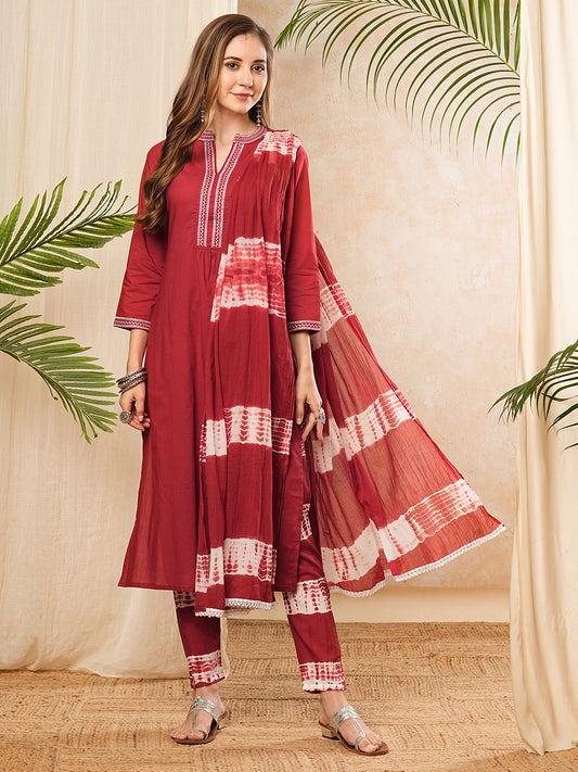 Ethnic Embroidered Kurta with Pant & Tie-Dyed Pure Cotton Dupatta - Maroon