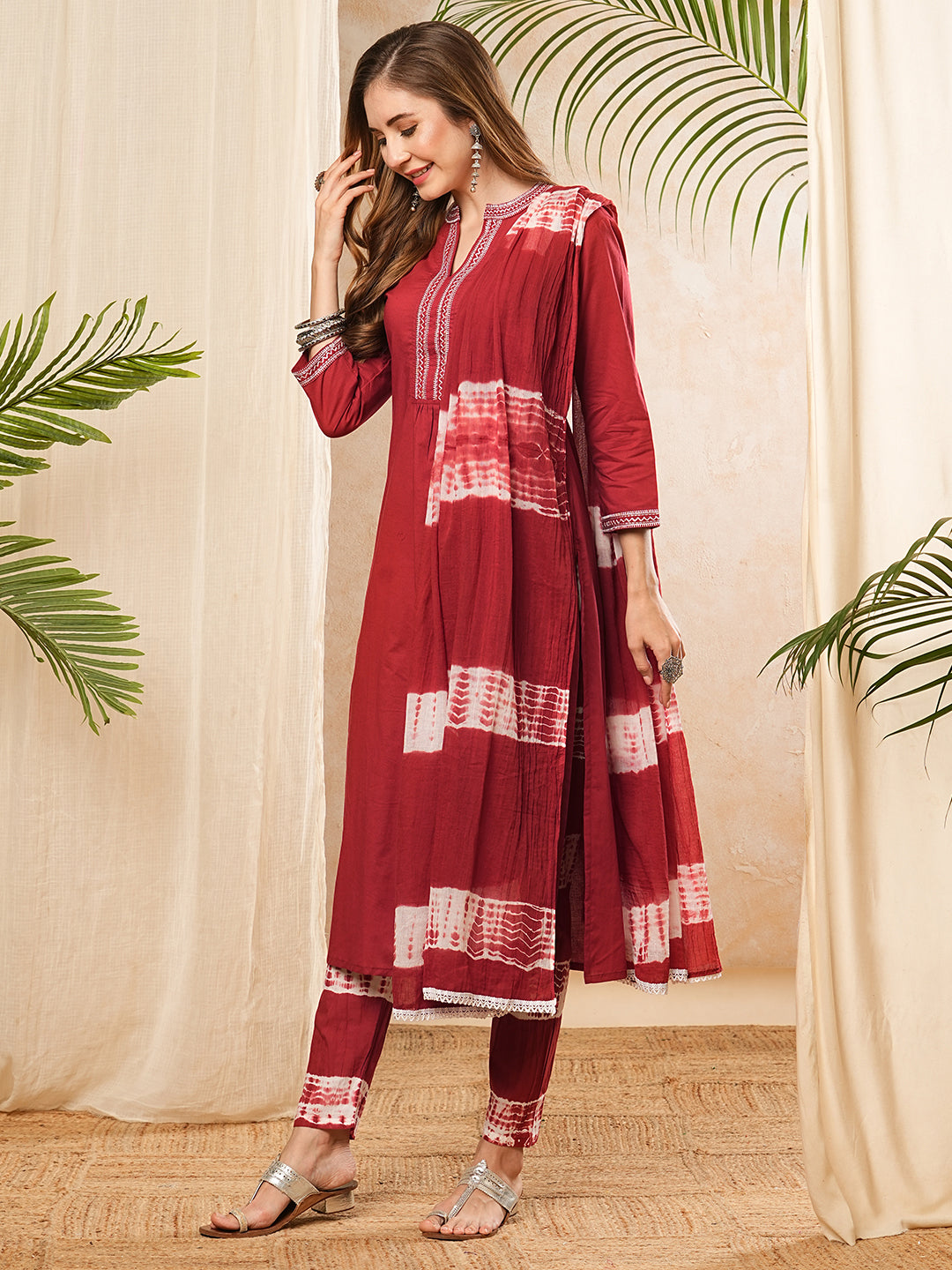 Ethnic Embroidered Kurta with Pant & Tie-Dyed Pure Cotton Dupatta - Maroon