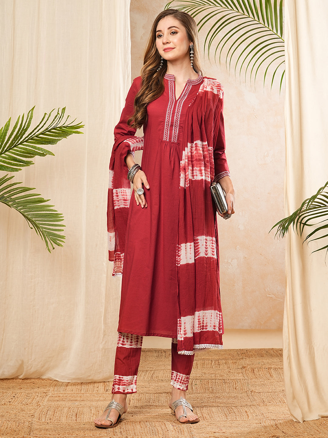 Ethnic Embroidered Kurta with Pant & Tie-Dyed Pure Cotton Dupatta - Maroon