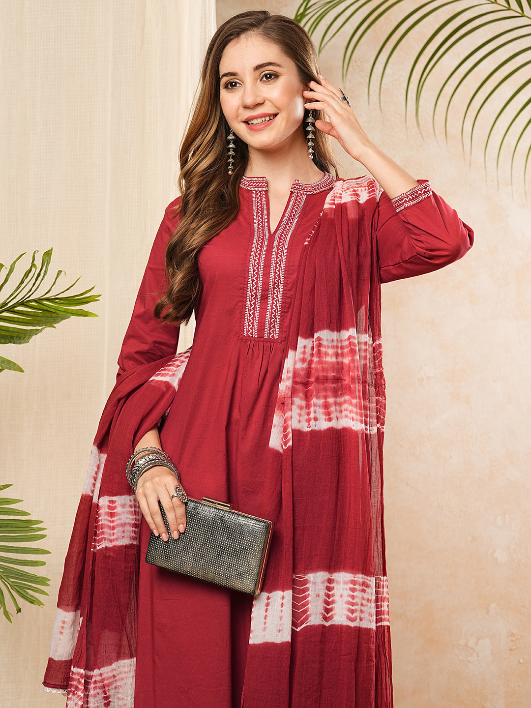 Ethnic Embroidered Kurta with Pant & Tie-Dyed Pure Cotton Dupatta - Maroon