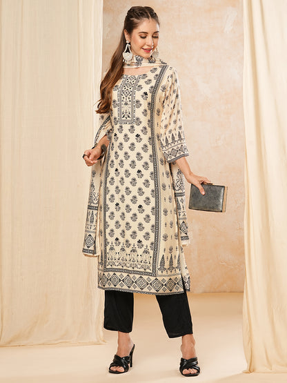 Floral Printed Beads & Stones Embroidered Kurta with Pants & Dupatta - Off White