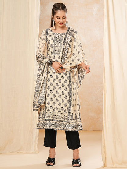 Floral Printed Beads & Stones Embroidered Kurta with Pants & Dupatta - Off White