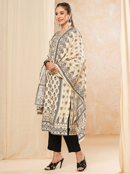 Floral Printed Beads & Stones Embroidered Kurta with Pants & Dupatta - Off White