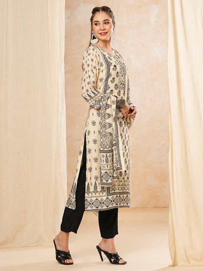 Floral Printed Beads & Stones Embroidered Kurta with Pants & Dupatta - Off White