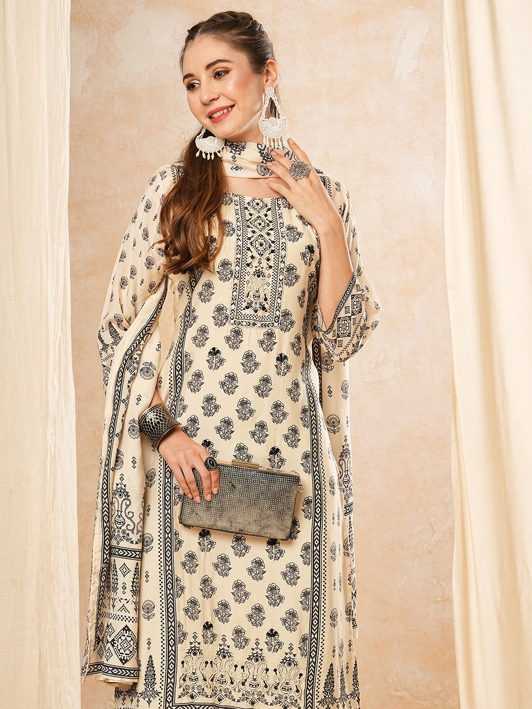 Floral Printed Beads & Stones Embroidered Kurta with Pants & Dupatta - Off White