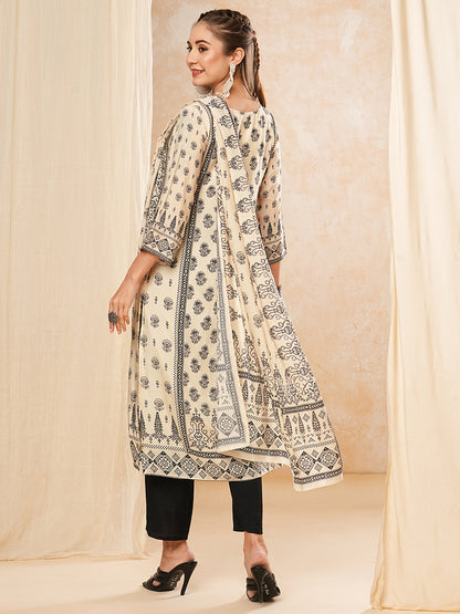 Floral Printed Beads & Stones Embroidered Kurta with Pants & Dupatta - Off White