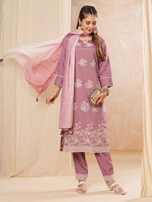 Solid Floral Chikankari Embroidered Kurta with Pant & Dupatta - Rose Gold