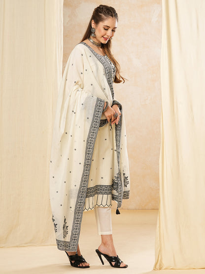 Floral Embroidered Straight Fit Kurta with Pant & Dupatta - White