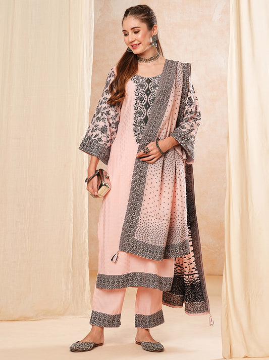 Ethnic Woven & Floral Embroidered Kurta with Pant & Dupatta - Pink