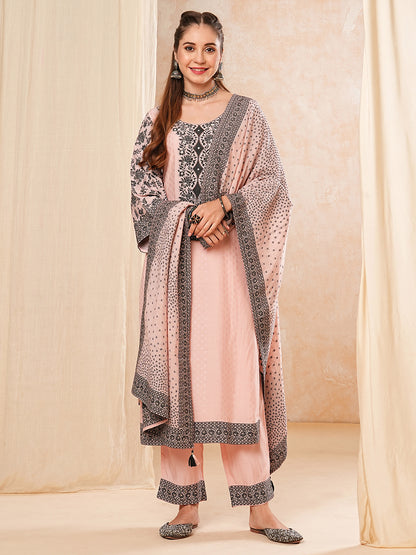 Ethnic Woven & Floral Embroidered Kurta with Pant & Dupatta - Pink