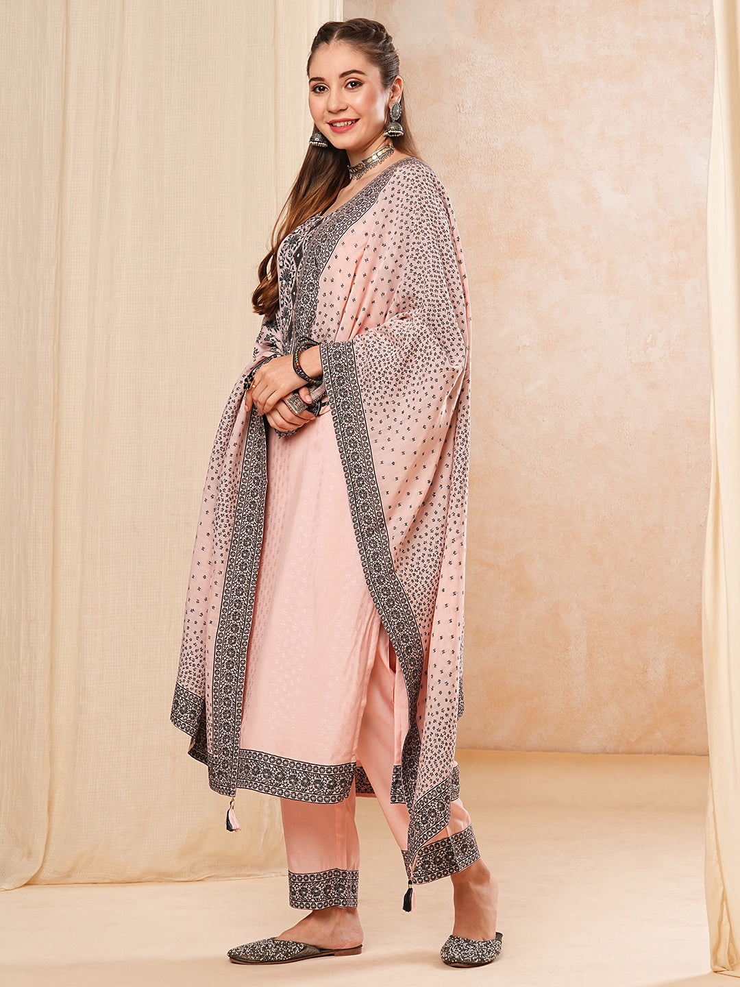 Ethnic Woven & Floral Embroidered Kurta with Pant & Dupatta - Pink