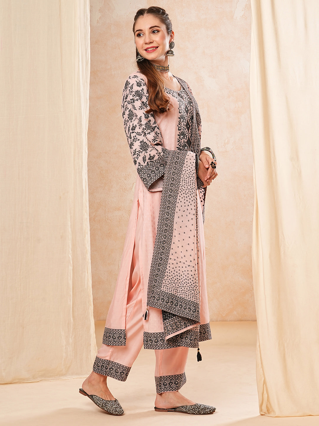 Ethnic Woven & Floral Embroidered Kurta with Pant & Dupatta - Pink