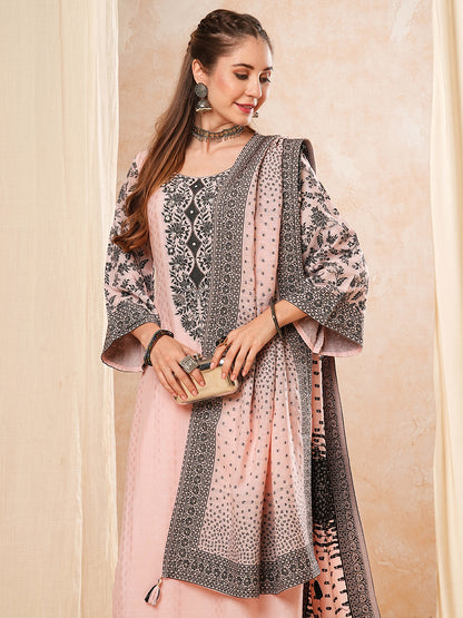 Ethnic Woven & Floral Embroidered Kurta with Pant & Dupatta - Pink