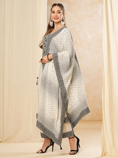 Floral Woven & Embroidered Straight Kurta with Pant & Dupatta - Off White