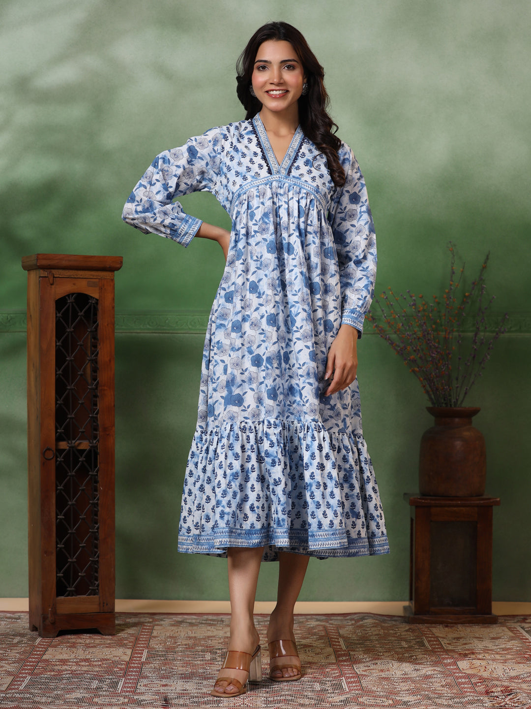 Ethnic Floral Printed Zari & Sequin Embroidered A-Line Pleated Midi Dress - Blue