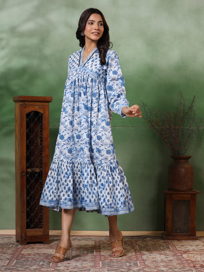 Ethnic Floral Printed Zari & Sequin Embroidered A-Line Pleated Midi Dress - Blue