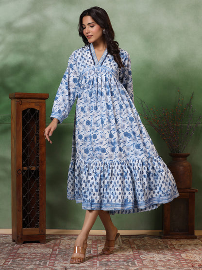 Ethnic Floral Printed Zari & Sequin Embroidered A-Line Pleated Midi Dress - Blue