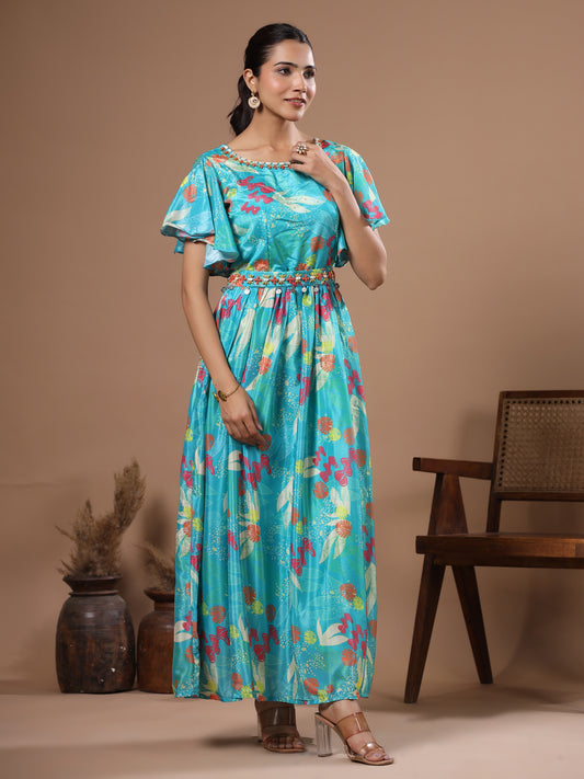 Floral Printed Beads Embroidered Maxi Dress with Embellished Waist Belt - Blue