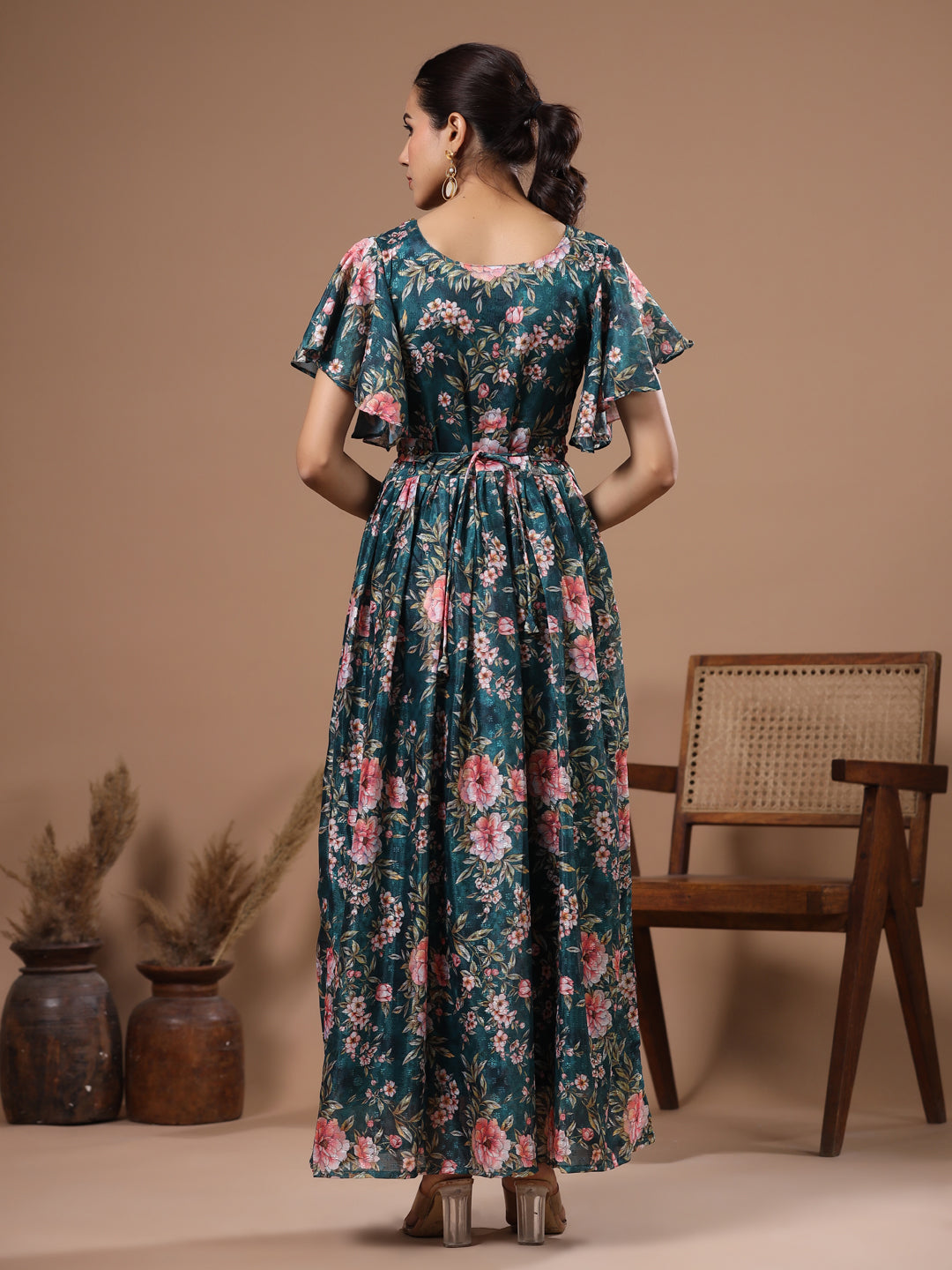 Floral Printed Brooche Embellished Maxi Dress with Embellished Waist Belt - Green