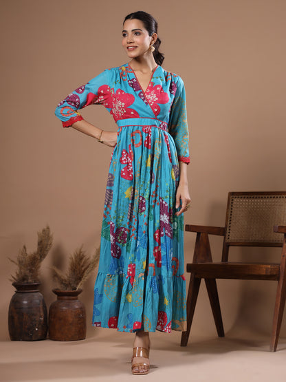 Abstract Floral Printed & Embroidered A-Line Pleated Maxi Dress - Turquoise Blue