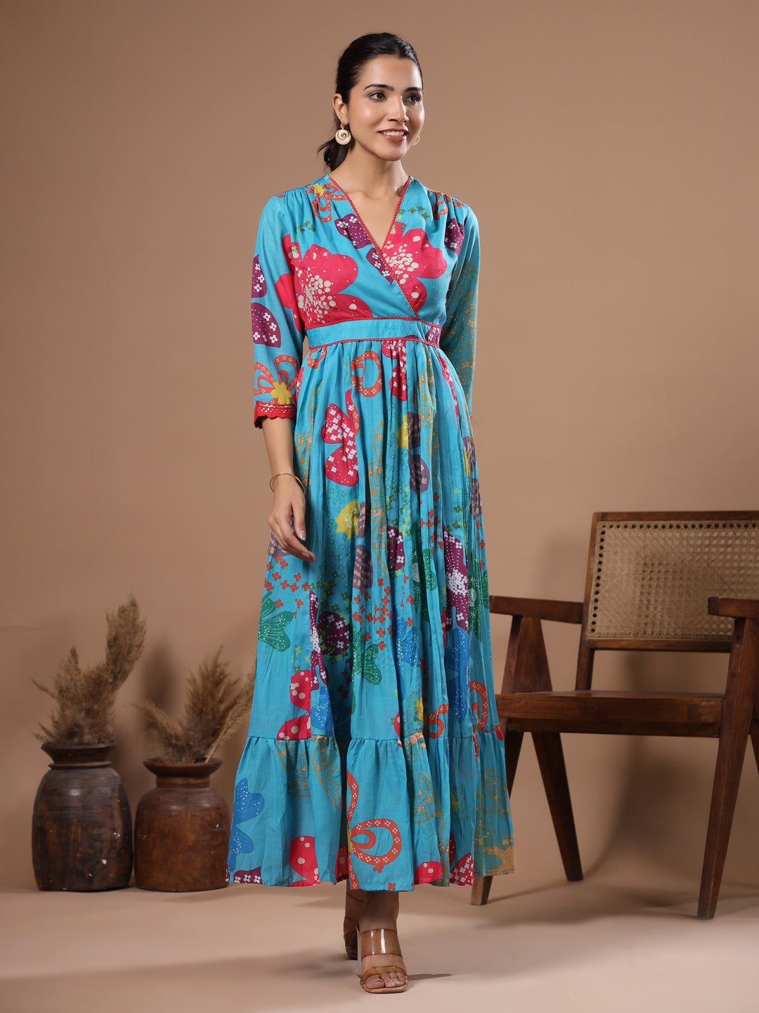 Abstract Floral Printed & Embroidered A-Line Pleated Maxi Dress - Turquoise Blue