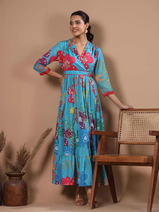 Abstract Floral Printed & Embroidered A-Line Pleated Maxi Dress - Turquoise Blue