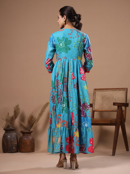 Abstract Floral Printed & Embroidered A-Line Pleated Maxi Dress - Turquoise Blue