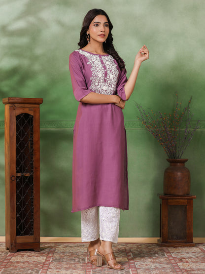 Solid Resham & Sequins Floral Embroidered Kurta - Mauve