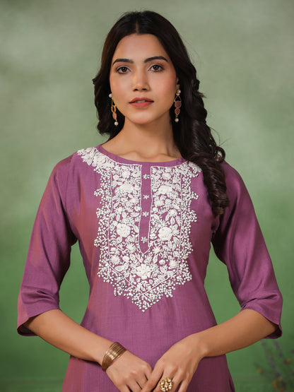 Solid Resham & Sequins Floral Embroidered Kurta - Mauve